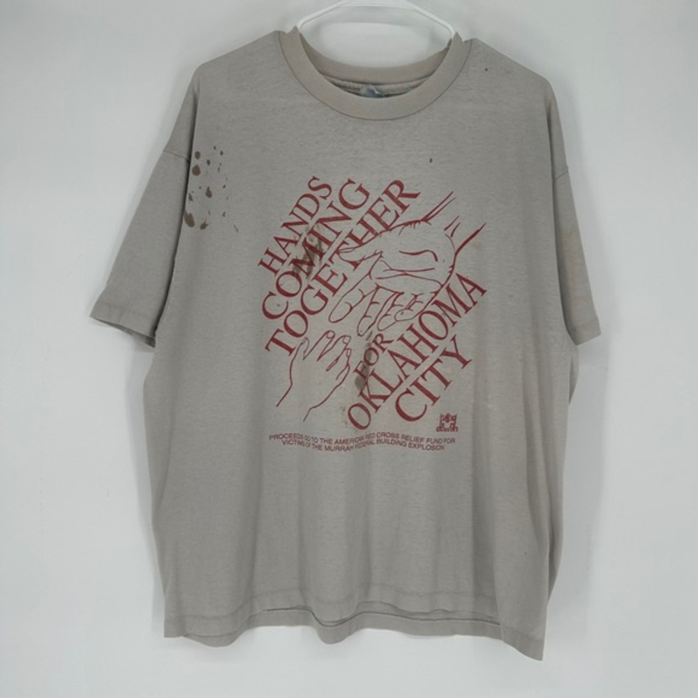 Vintage 90s 1995 Hanes Oklahoma City Bombing T-Shirt Gray XL Distressed‎ USA